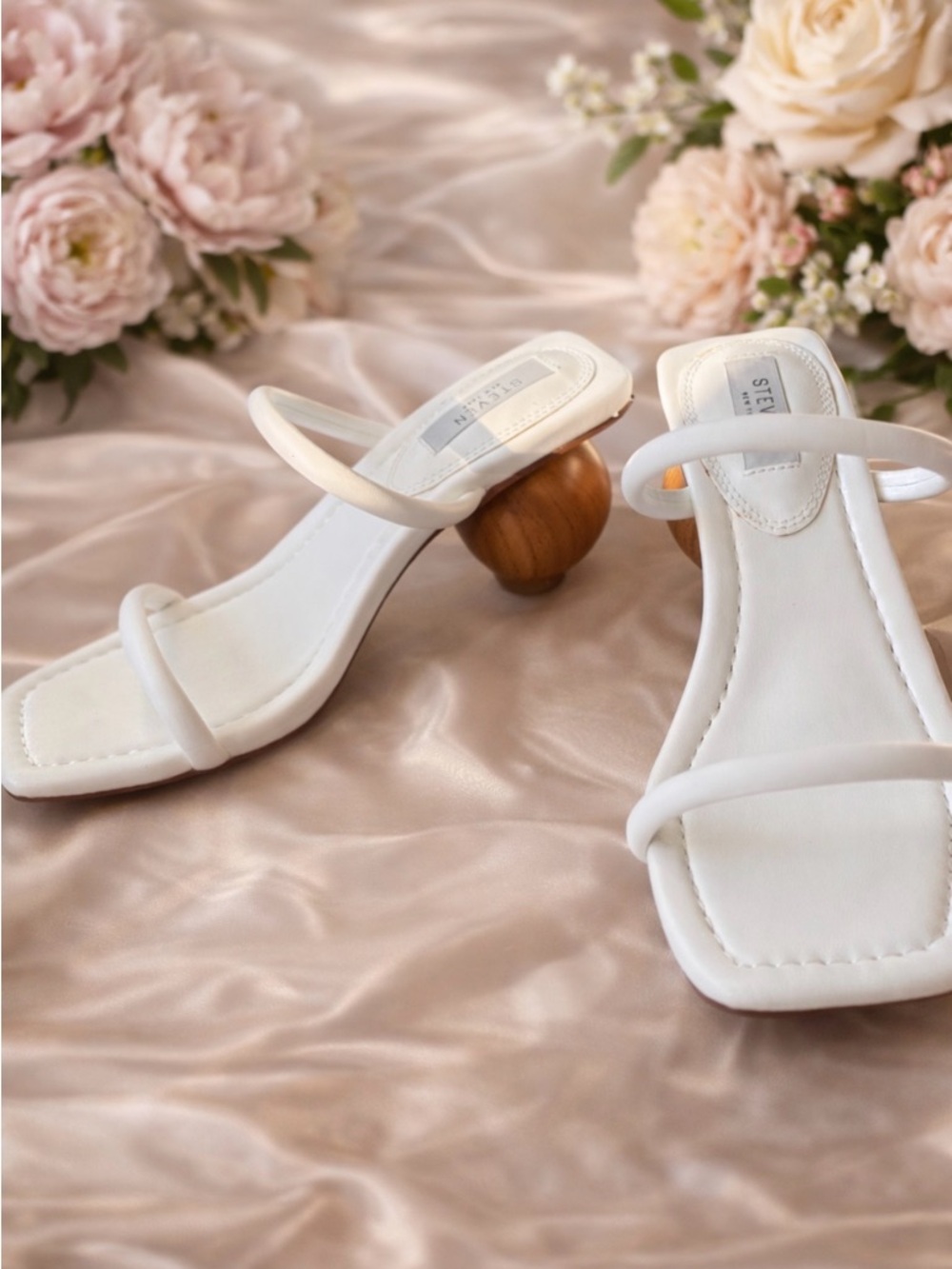 NEW - Steve Madden White Strappy Mule with Sculpted Wood Ball Heel